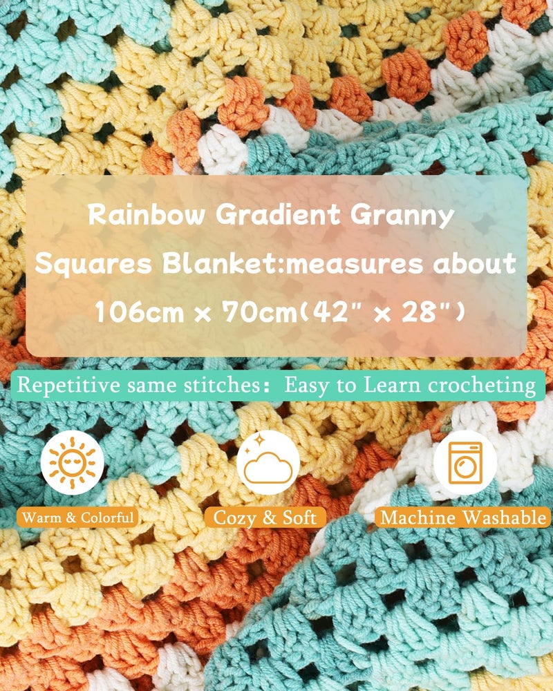 Aeelike Crochet Blanket Kit for Beginners-Rainbow Granny Squares Stripe Blanket, Complete Crochet Kit for Adults w Gradient Yarn & Instructions, Easy Learn to Knit for Beginners - Image 5
