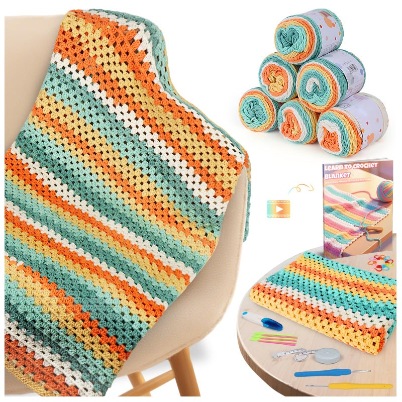 Aeelike Crochet Blanket Kit for Beginners-Rainbow Granny Squares Stripe Blanket, Complete Crochet Kit for Adults w Gradient Yarn & Instructions, Easy Learn to Knit for Beginners - Image 1