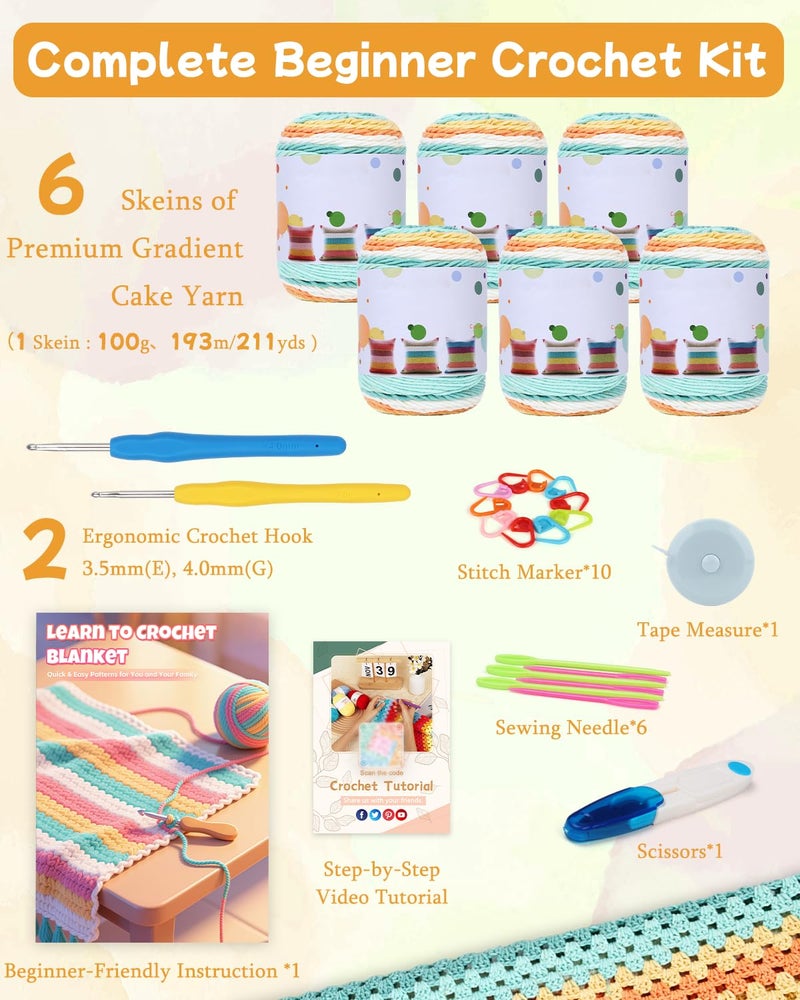 Aeelike Crochet Blanket Kit for Beginners-Rainbow Granny Squares Stripe Blanket, Complete Crochet Kit for Adults w Gradient Yarn & Instructions, Easy Learn to Knit for Beginners - Image 2
