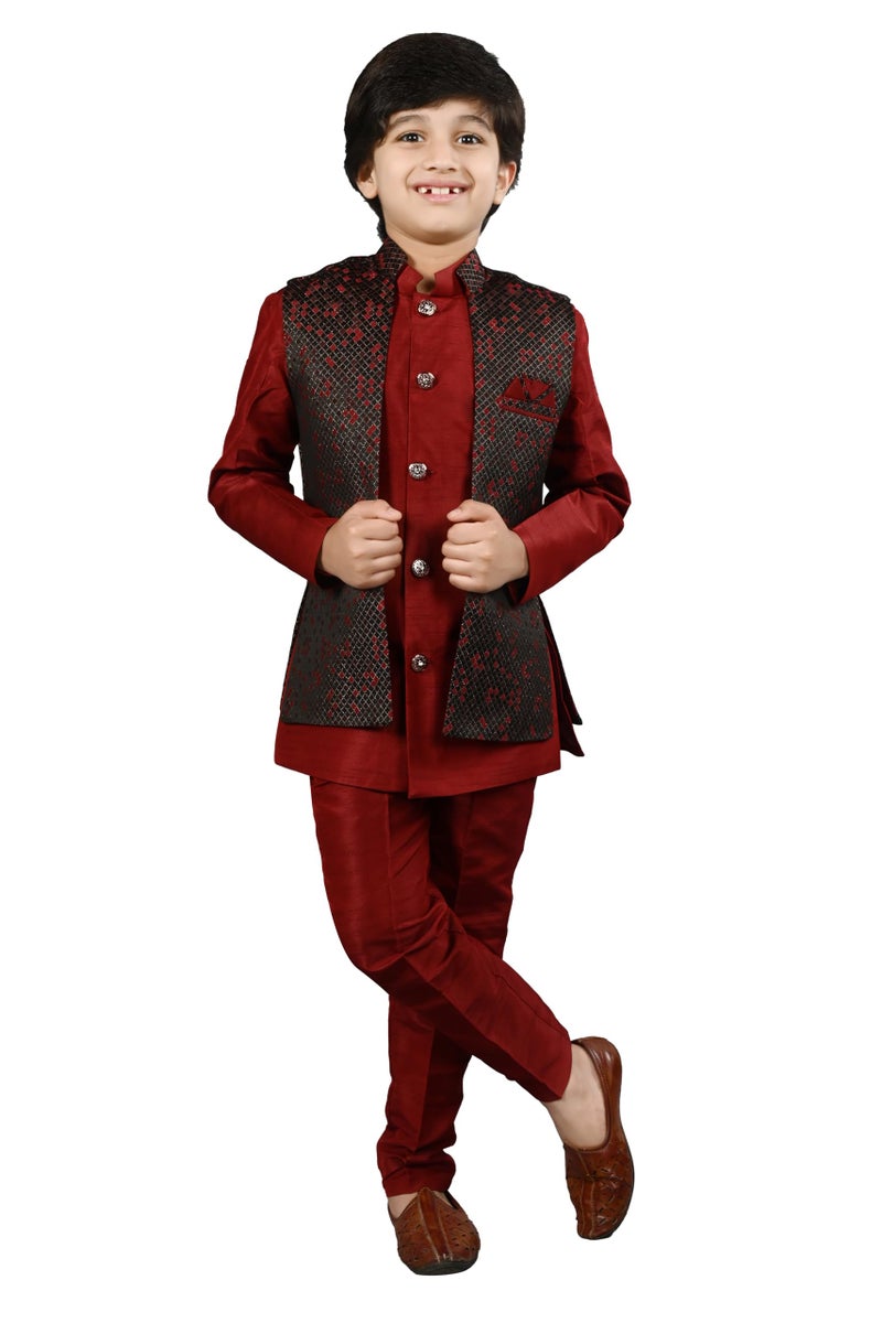 AHHAAAA Kids Ethnic Silk Blend Waistcoat Kurta Pyjama 3 Piece Sherwani Set For Boys |Maroon 9-10 Years, 540| - Image 1