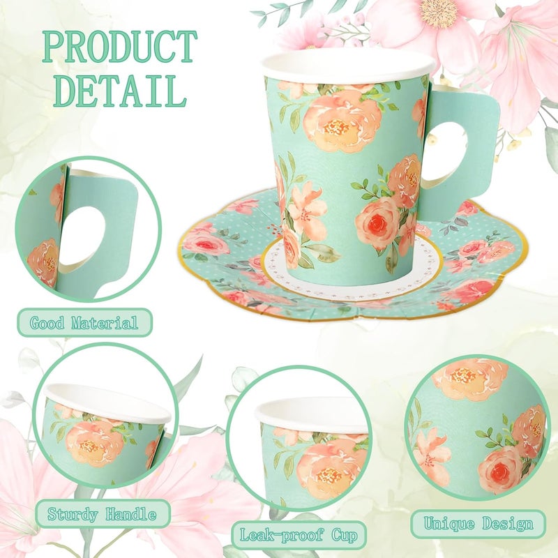 JarThenaAMCS 120Pcs Tea Party Decorations 60 9oz Watercolor Floral Paper Tea Cups with Handle and 60 55in Plates for Mothers Day Spring Tea Party Tableware Women Birthday Supplies Serves 60 - Image 3