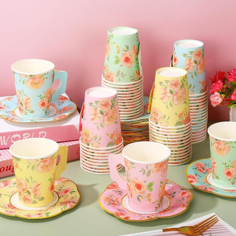 JarThenaAMCS 120Pcs Tea Party Decorations 60 9oz Watercolor Floral Paper Tea Cups with Handle and 60 55in Plates for Mothers Day Spring Tea Party Tableware Women Birthday Supplies Serves 60 - Image 4