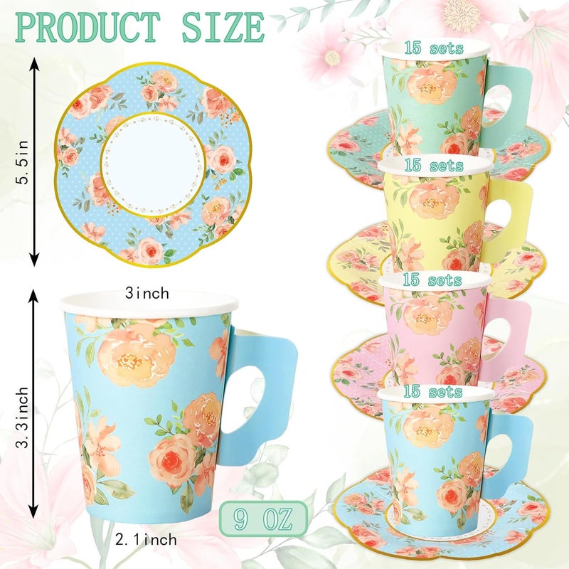 JarThenaAMCS 120Pcs Tea Party Decorations 60 9oz Watercolor Floral Paper Tea Cups with Handle and 60 55in Plates for Mothers Day Spring Tea Party Tableware Women Birthday Supplies Serves 60 - Image 2