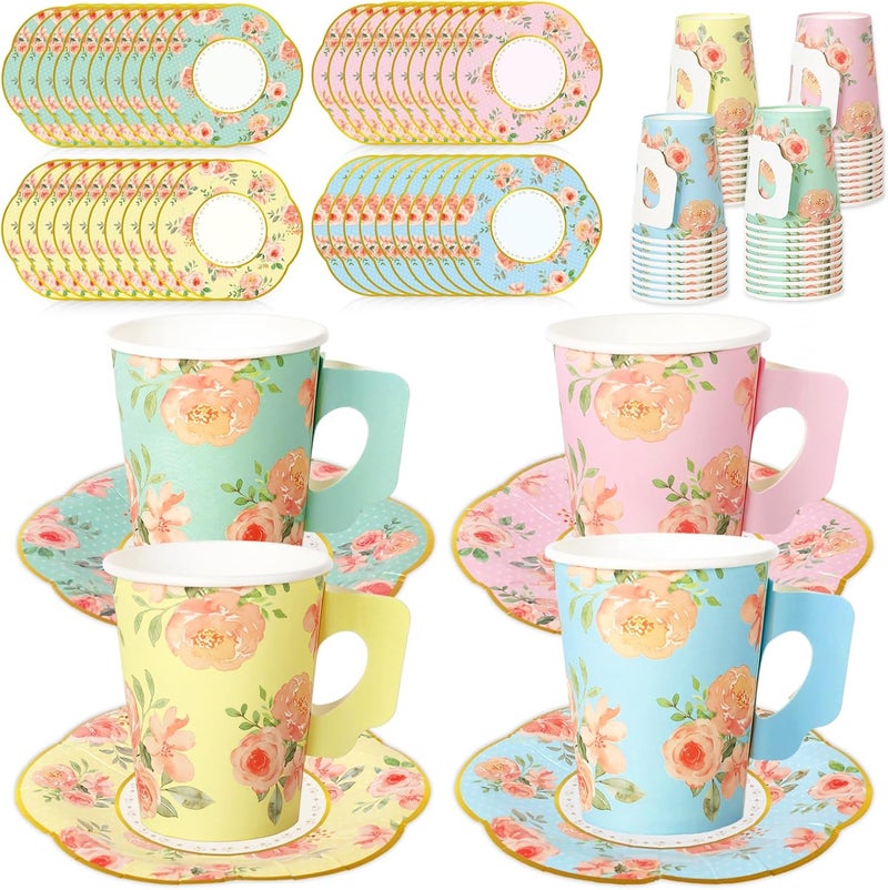 JarThenaAMCS 120Pcs Tea Party Decorations 60 9oz Watercolor Floral Paper Tea Cups with Handle and 60 55in Plates for Mothers Day Spring Tea Party Tableware Women Birthday Supplies Serves 60 - Image 1