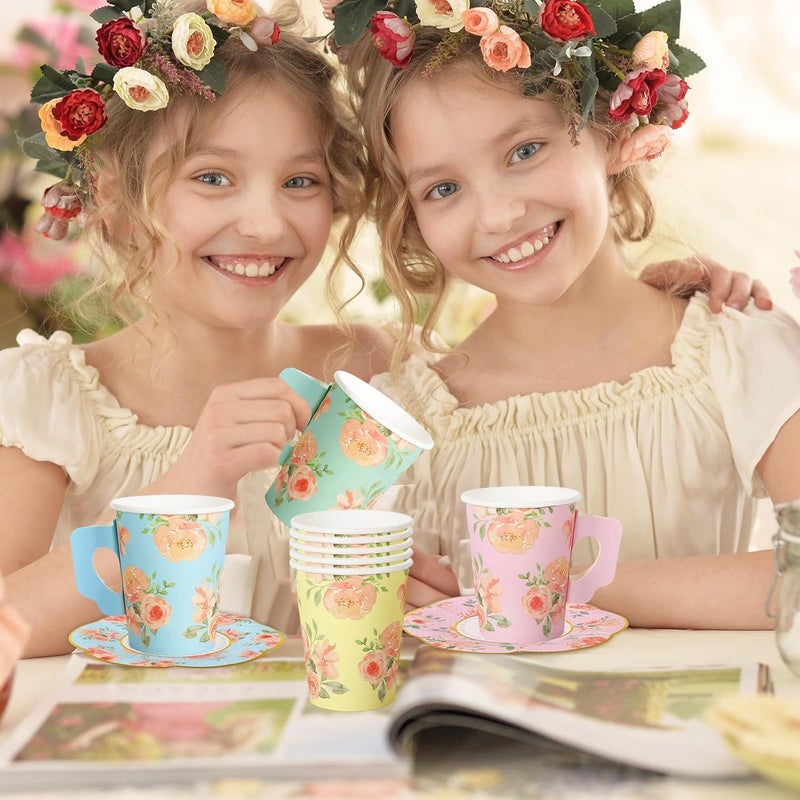 JarThenaAMCS 120Pcs Tea Party Decorations 60 9oz Watercolor Floral Paper Tea Cups with Handle and 60 55in Plates for Mothers Day Spring Tea Party Tableware Women Birthday Supplies Serves 60 - Image 5