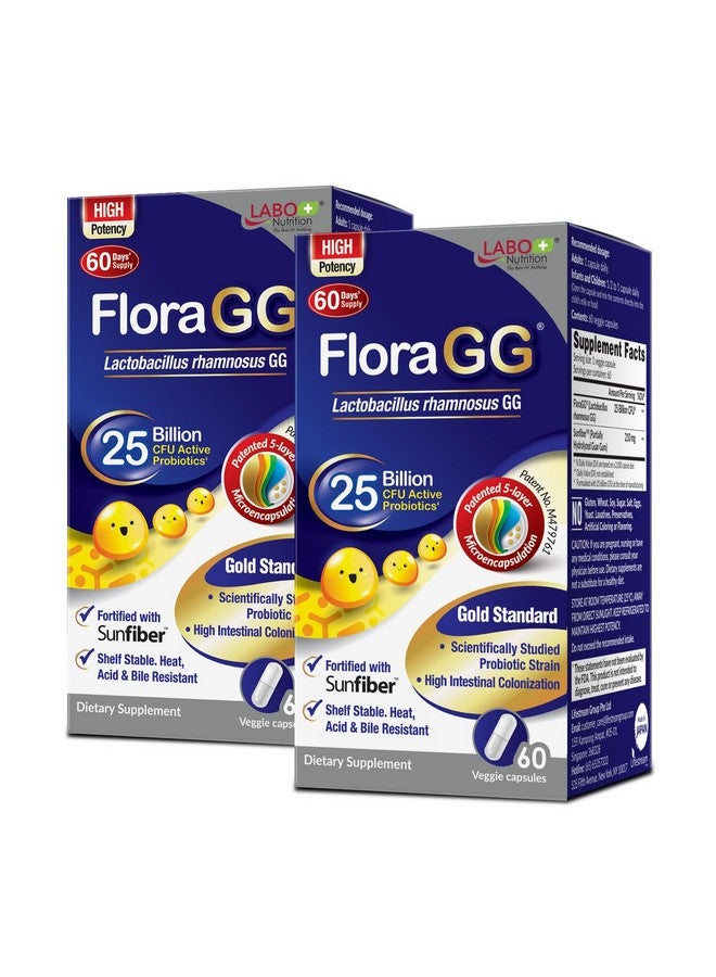 LABO Nutrition FloraGG, Lactobacillus Rhamnosus GG 25 Billion CFU Active Probiotics & Sunfiber Prebiotic Fiber Supplement, Support Healthy Intestinal, Immune Health Delayed Release & Gluten Free 60sx2 - Image 1