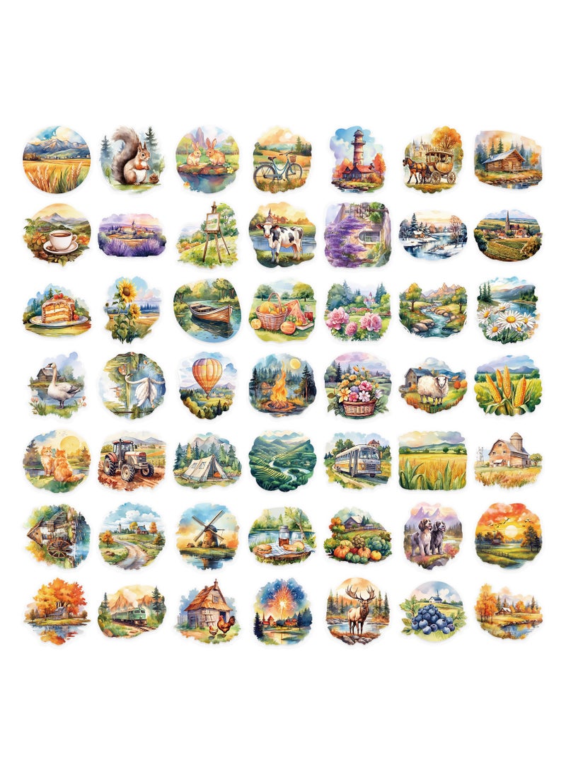 قوس قزح أورينبو 50 قطعة من ملصقات سجل القصاصات الريفية الرعوية المقاومة للماء والشفافة، ملصقات مزرعة عتيقة مع مناظر طبيعية خلابة لحيوانات المزرعة للفن والحرف اليدوية والمجلات والمخططين - Image 2