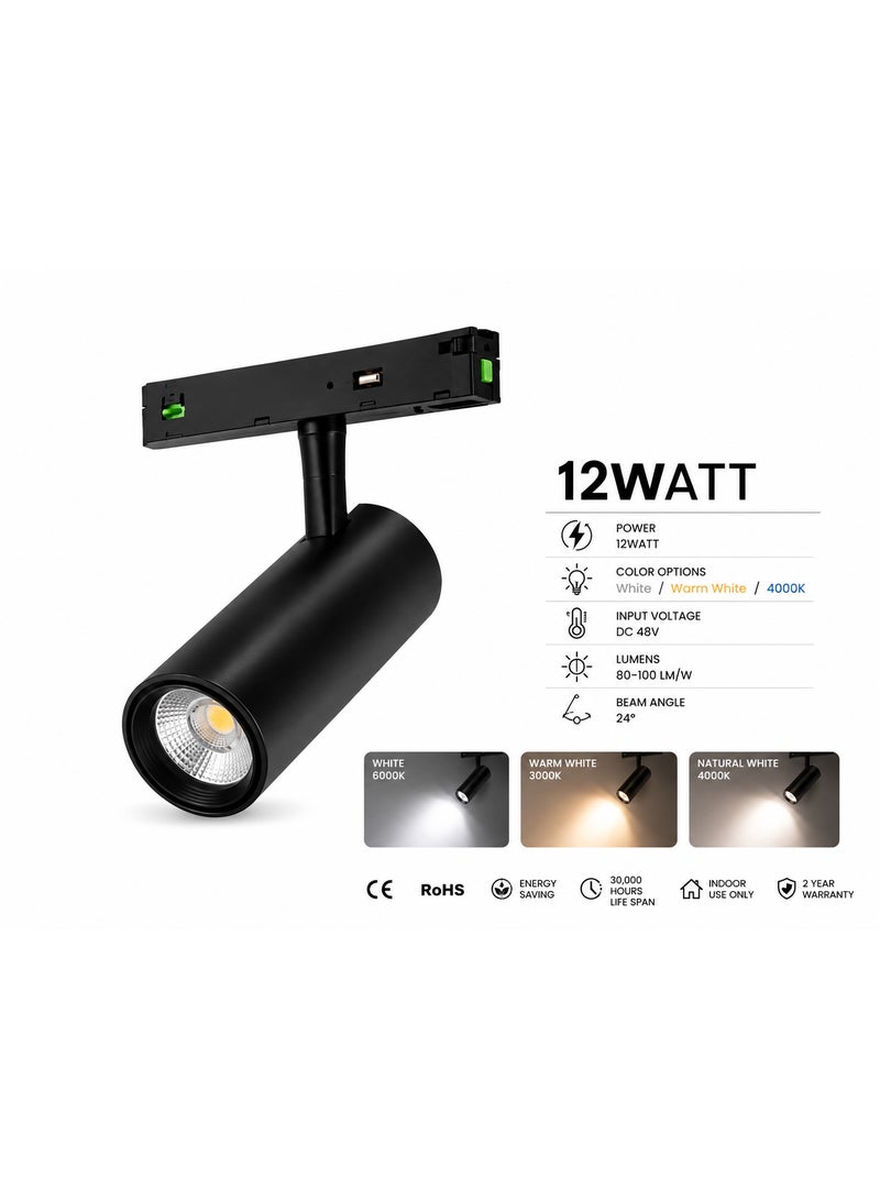 كشاف LED للمسارات المغناطيسية بقوة 12 واط – 48 فولت – قابل للتعديل – أبيض، أبيض دافئ، و4000 كلفن - Image 3