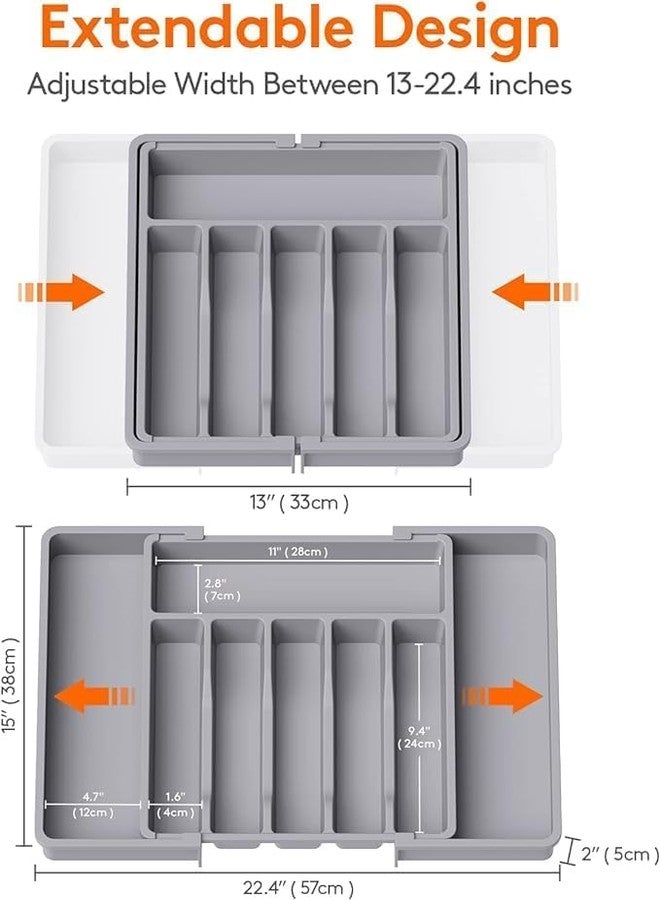 Minitul 1pcs Silverware Drawer Organizer, Expandable Utensil Tray for Kitchen, BPA Free Flatware and Cutlery Holder, Adjustable Plastic Storage for Spoons Forks Knives, Large (Gery) - Image 2