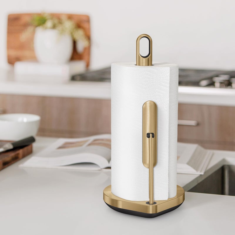 simplehuman Tension Arm Standing Paper Towel Holder, Heavy-Duty, Easy One-Handed Tear, Kitchen Countertop, Brass Stainless Steel - Image 3