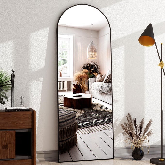 58X18 ARCHED FULL LENGTH MIRROR FLOOR MIRRORS WITH ALUMINUM ALLOY FRAME FREESTANDING WALL MOUNTED FLOOR MIRRORS OR LARGE DRESSING MIRROR BLACK MIRROR FULL LENGTH