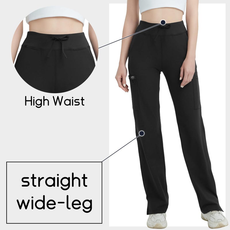 QBK High Rise Yoga Scrub Pants Women - Straight Wide Leg Uniform Pants with Cargo Pocket, Anti-Wrinkle & Knit Yoga Waistband (Regular, Black, S) - Image 3