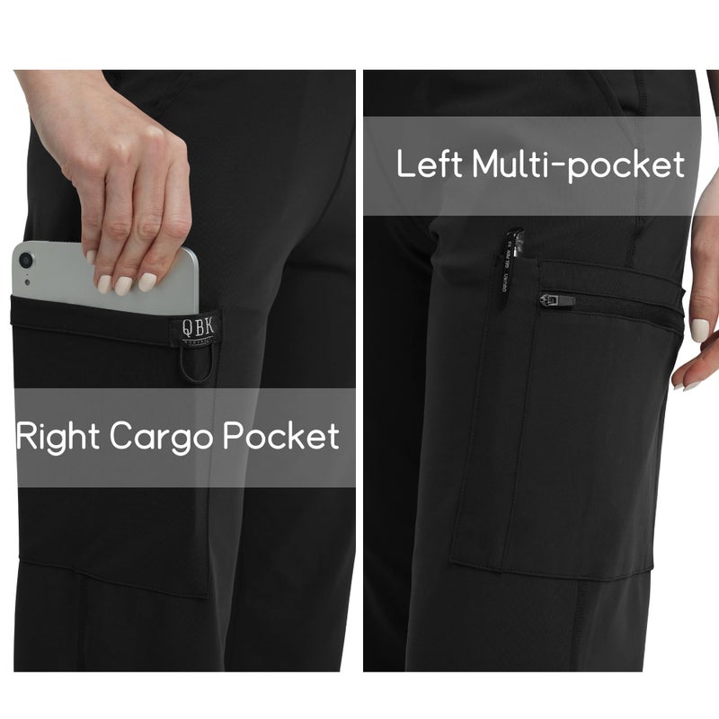 QBK High Rise Yoga Scrub Pants Women - Straight Wide Leg Uniform Pants with Cargo Pocket, Anti-Wrinkle & Knit Yoga Waistband (Regular, Black, S) - Image 5