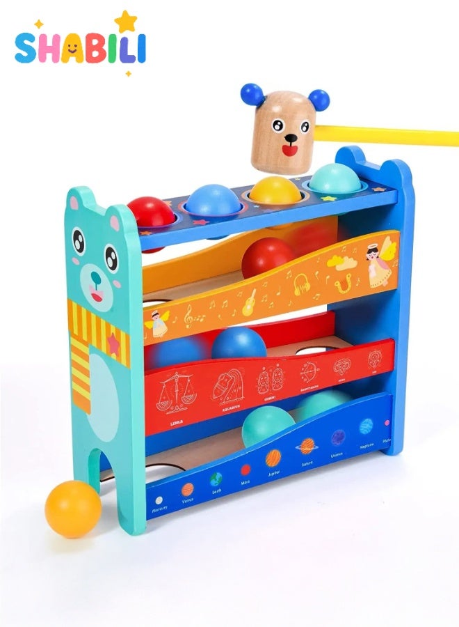SHABILI Wooden Pound-and-Roll Toy with 4 Color Balls & Bear Hammer – Montessori Color Match, Fine-Motor Play, See Balls Race Down 3-Level Ramp, Safe Water Paint, No Batteries, Ideal Gift for 1 2 3 Year Old Boys and Girls - Image 1