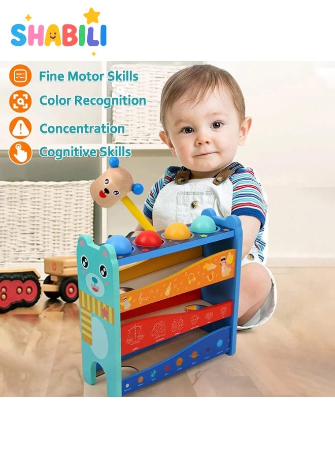 SHABILI Wooden Pound-and-Roll Toy with 4 Color Balls & Bear Hammer – Montessori Color Match, Fine-Motor Play, See Balls Race Down 3-Level Ramp, Safe Water Paint, No Batteries, Ideal Gift for 1 2 3 Year Old Boys and Girls - Image 4