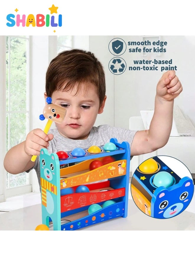 SHABILI Wooden Pound-and-Roll Toy with 4 Color Balls & Bear Hammer – Montessori Color Match, Fine-Motor Play, See Balls Race Down 3-Level Ramp, Safe Water Paint, No Batteries, Ideal Gift for 1 2 3 Year Old Boys and Girls - Image 5
