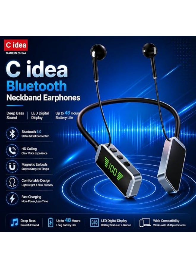 سي آيديا سماعات أذن لاسلكية من نوع C idea Bluetooth مع شاشة عرض رقمية LED، صوت ستيريو جهير عميق، سماعات أذن لاسلكية بتقنية Bluetooth 5.0، مكالمات عالية الدقة، سماعات أذن مغناطيسية. - Image 3
