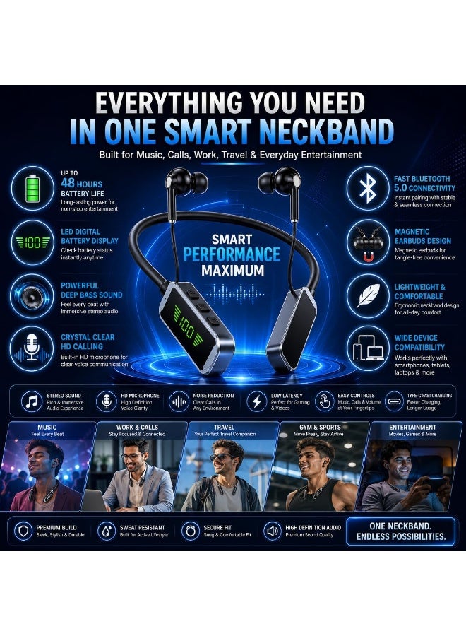 سي آيديا سماعات أذن لاسلكية من نوع C idea Bluetooth مع شاشة عرض رقمية LED، صوت ستيريو جهير عميق، سماعات أذن لاسلكية بتقنية Bluetooth 5.0، مكالمات عالية الدقة، سماعات أذن مغناطيسية. - Image 2