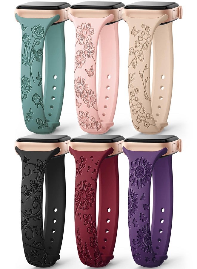 امسكاي مجموعة AMSKY من 6 أساور رفيعة محفورة بنقوش زهرية، متوافقة مع ساعات Apple Watch بمقاسات 40 مم، 41 مم، 42 مم، 38 مم، 44 مم، 45 مم، 46 مم، 49 مم، للنساء. سوار رياضي أنيق من السيليكون لساعات iWatch Series 10 Ultra و9 و8 و7 و6 و5 و4 و3 و2 و1 وSE. - Image 1
