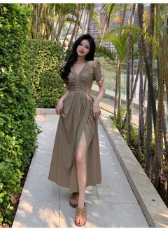 Plus Size Women's Fashion Design V-neck Pleated Hem Left Slit Short Sleeve Dress Women's Chubby Girl Skirt