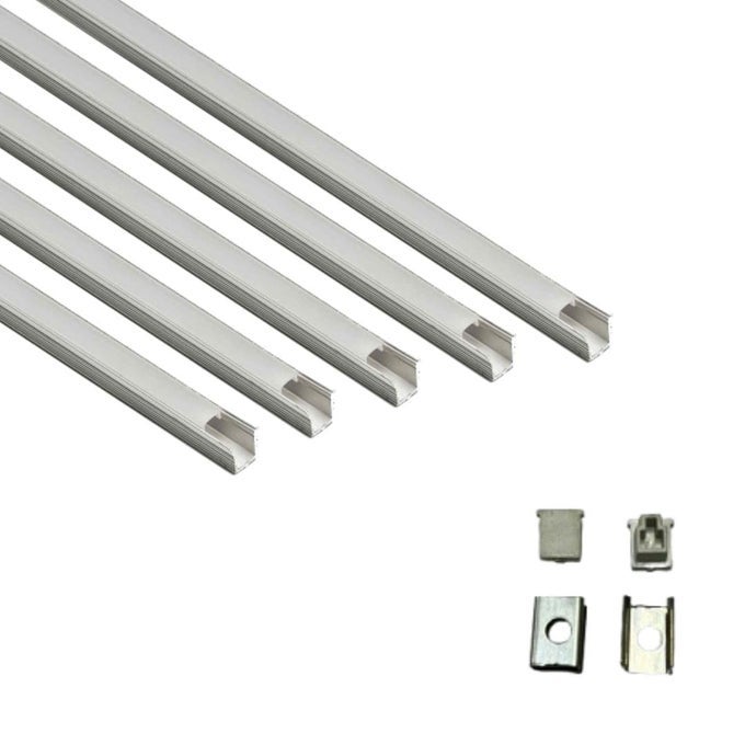 LIGHTING ALUMINUM RECTANGULAR SURFACE LED 1METER PROFILE CHANNELS WITH DIFFUSED COVER END CAPS AND MOUNTING CLIPS FOR LED STRIP LIGHT 07X09MM PACK OF 5
