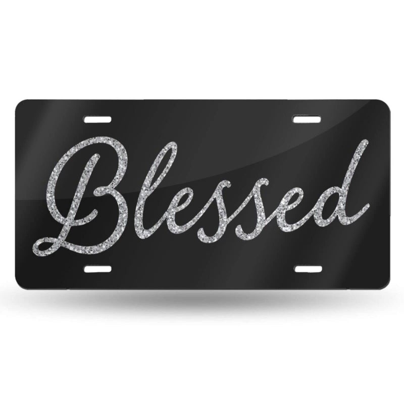 HANGWWZQ Blessed Glitter Front License Plate Aluminum Decorative License Plates Funny Metal Car Plate 6"X12" Novelty Vanity Tag Cover with 4 Holes Car Decor Accessory - Image 1