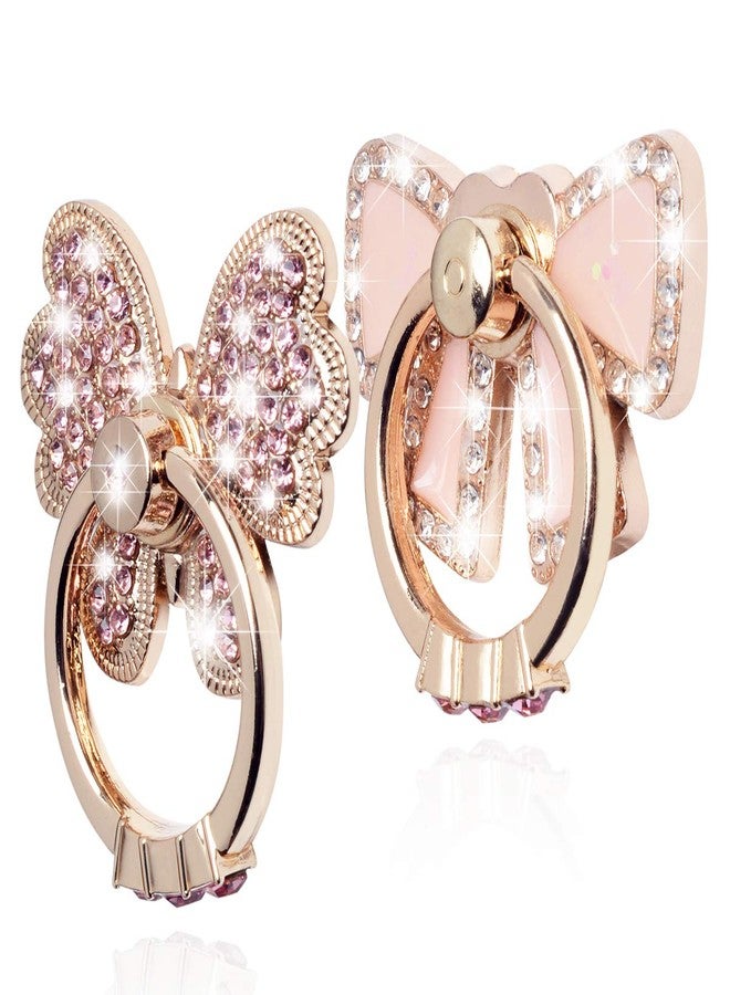 WATACHE Finger Ring Stand Grip,2 Pack Luxury Glitter Diamond Universal Metal Kickstand for iPhone 16/15/14/13 Pro Max, Galaxy S24/S23/S22 Ultra, Finger Ring Grip Holder for All Smartphone, Pink/Bowknot - Image 1