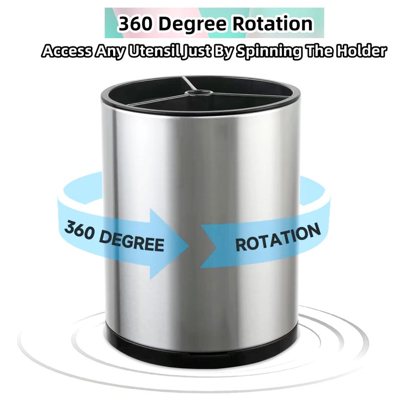 LIBODOUR Kitchen Utensil Holder Extra Large 360Â°Rotating For Counter Organizer Stainless Steel Storage Cooking Silverware Caddy 3 Compartment Flatware Spoon Spatula Tool Cutlery Containerï¼ˆSilveryï¼‰ - Image 5
