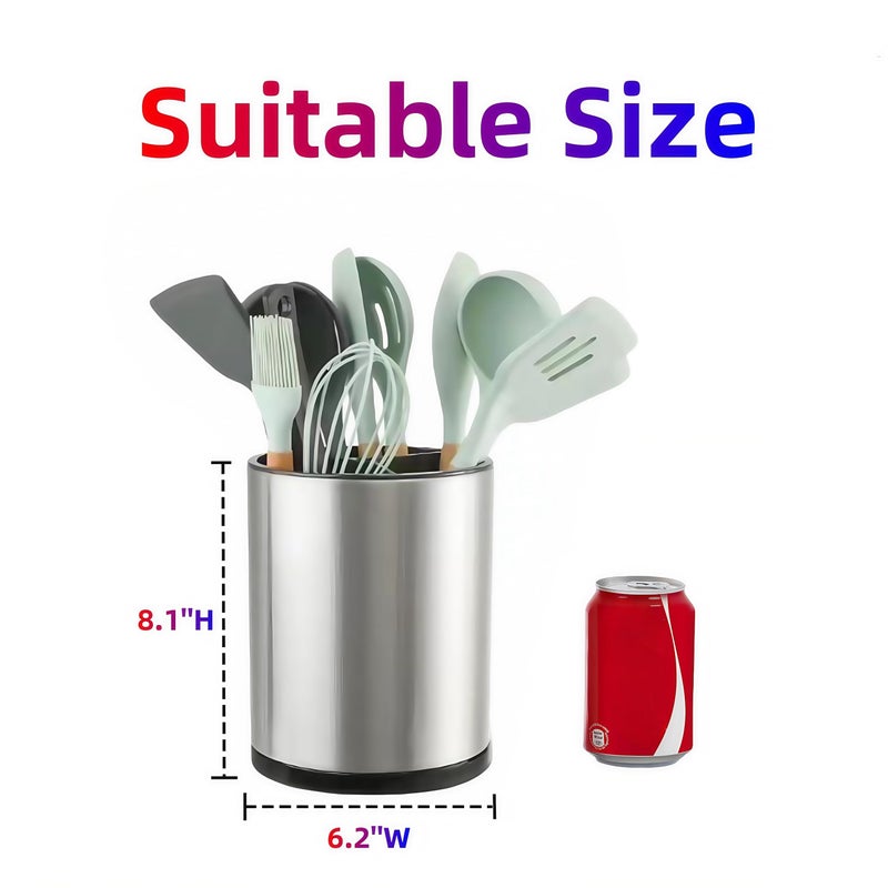 LIBODOUR Kitchen Utensil Holder Extra Large 360Â°Rotating For Counter Organizer Stainless Steel Storage Cooking Silverware Caddy 3 Compartment Flatware Spoon Spatula Tool Cutlery Containerï¼ˆSilveryï¼‰ - Image 4