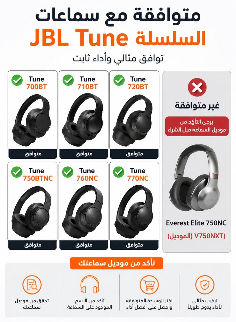وسائد أذن بديلة لسماعات JBL Tune 700 / 710 / 720 / 750 / 760 / 770 – إسفنج ميموري فوم ناعم مع جلد بروتيني لعزل الضوضاء وراحة فائقة - Image 3