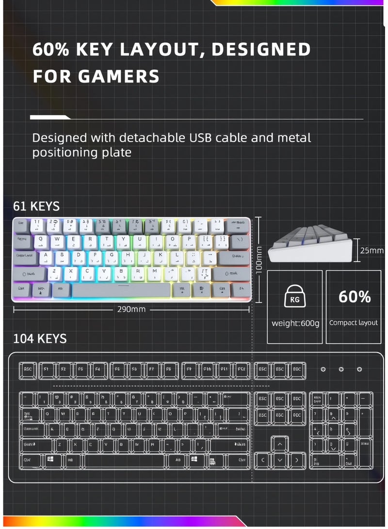 Ruinengda 61 Keys Bicolor RGB Gaming Mechanical Keyboard with English Arabic & Ergonomic Design and Waterproof with Anti-ghosting keyboard Mini Gaming Keyboard High-performance keyboard for Gamers - Image 4