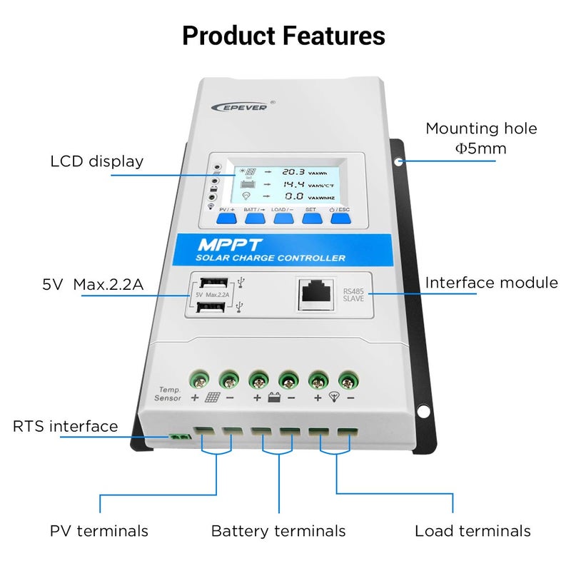 EPEVER 20A MPPT Solar Charge Controller 12V/24V Auto Solar Panel Charge Regulator with LED&LCD Display Double USB Port and MT50 Remote Meter Temperature Sensor RTS & PC Communication Cable RS485 - Image 2