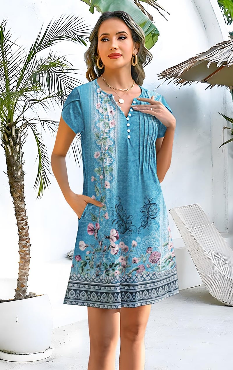 Disamer Womens Casual Dresses Short Sleeve Summer Dresses 2026 Boho Floral Beach Sundresses Spring A-Line Dress with Pockets,Floral Blue,Medium - Image 1
