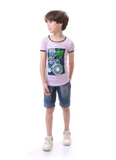 Andora Short Sleeved Printed Round Neck Boys Tee - Lilac, Navy Blue & Green  - Image 1