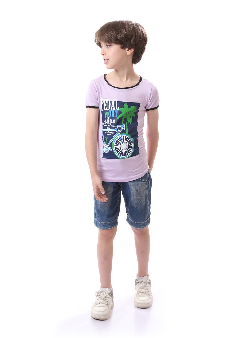 Andora Short Sleeved Printed Round Neck Boys Tee - Lilac, Navy Blue & Green  - Image 1