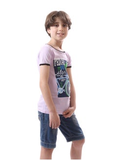 Andora Short Sleeved Printed Round Neck Boys Tee - Lilac, Navy Blue & Green  - Image 3