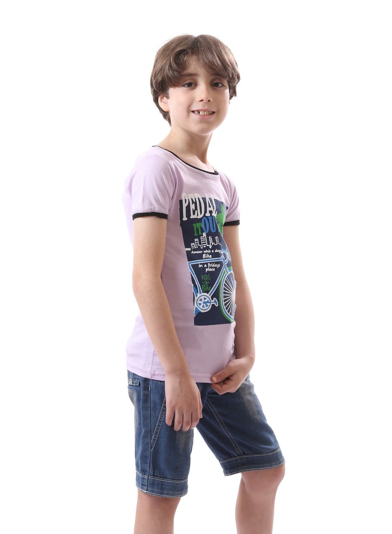 Andora Short Sleeved Printed Round Neck Boys Tee - Lilac, Navy Blue & Green  - Image 3