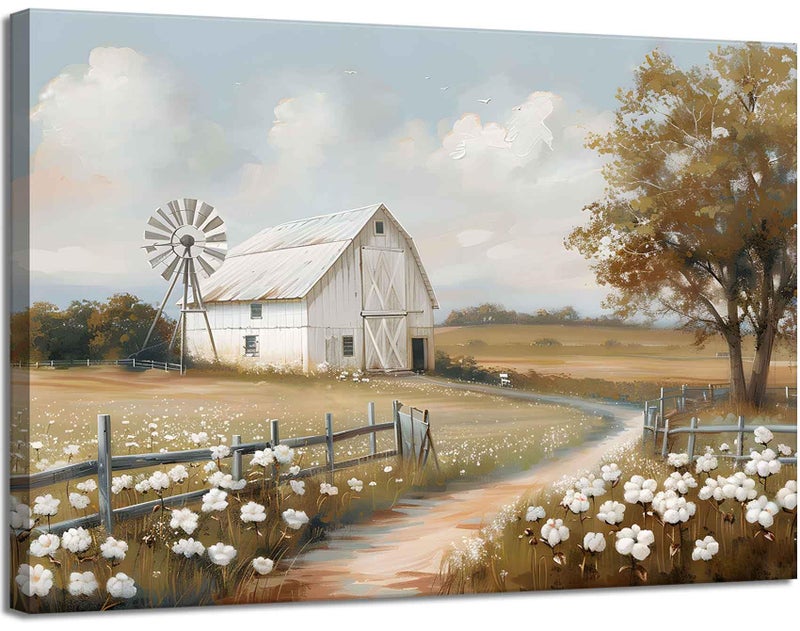 styfasin Farmhouse Barn Canvas Wall Art Rustic Farm Nature landscape Decor Pictures Retro Flower Field Meadow Barn Windmill Posters Prints for Home Decoration Bathroom Bedroom Living Room Decoration - Image 1