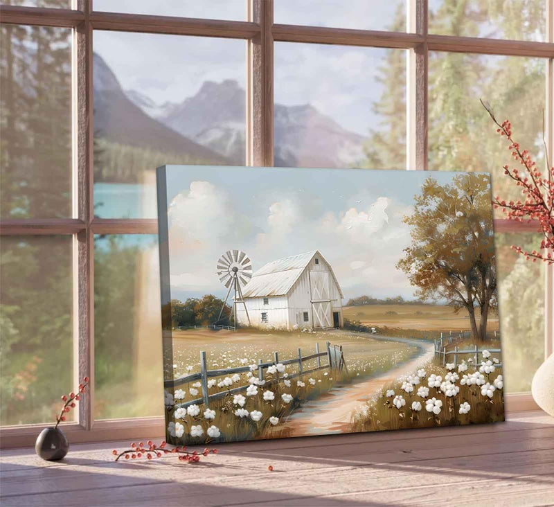 styfasin Farmhouse Barn Canvas Wall Art Rustic Farm Nature landscape Decor Pictures Retro Flower Field Meadow Barn Windmill Posters Prints for Home Decoration Bathroom Bedroom Living Room Decoration - Image 4