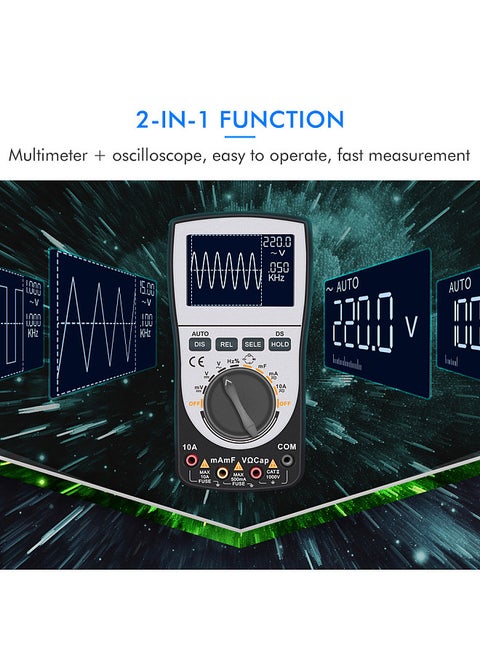2-in-1 Intelligent Digital Oscilloscope Multimeter DC/AC Current Voltage Resistance Frequency Diode Tester 4000 Counts 20KHz Analog Bandwidth 200Ksps Maximum Real-Time Sampling Rate