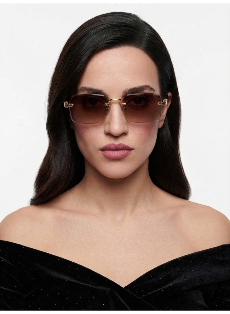 Frameless Square Sunglasses for Women & Men, Elegant Tinted Eyewear with Protective Leather Case, Grey Brown - Image 1