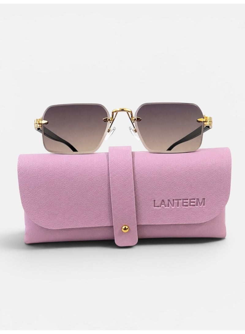 Frameless Square Sunglasses for Women & Men, Elegant Tinted Eyewear with Protective Leather Case, Grey Brown - Image 2