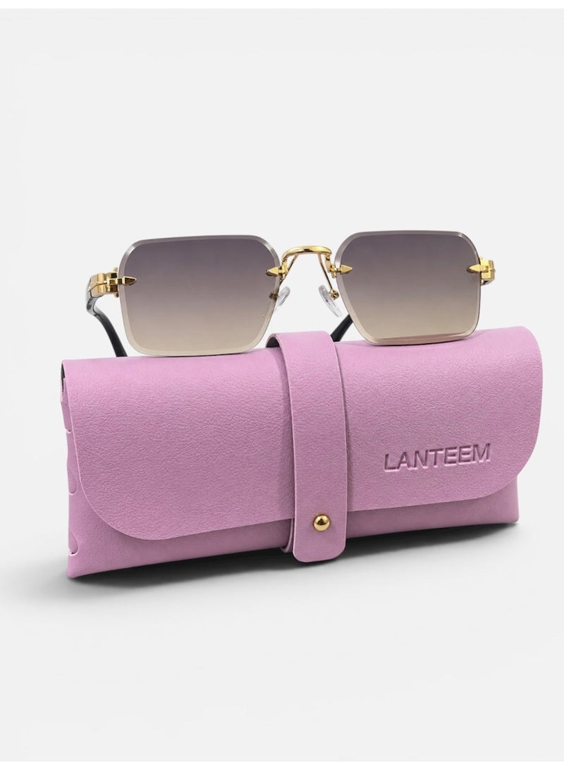 Frameless Square Sunglasses for Women & Men, Elegant Tinted Eyewear with Protective Leather Case, Grey Brown - Image 3