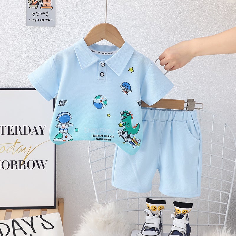 Boys Summer Short-sleeved Suit New Western Style Boys Baby Fried Street Internet Celebrity Childrens Wear Space Dinosaur Short-sleeved Suit sky blue