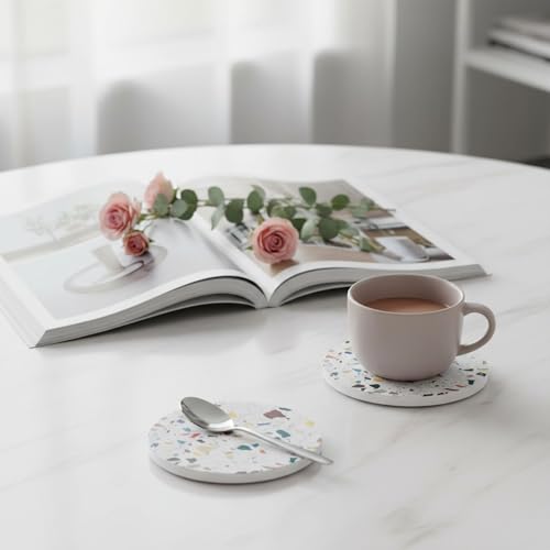 ilohaus Absorbent Terrazzo Drink Coasters Set of 6 with Holder, Ceramic Drink Coasters for Coffee Table Decor, Water-Absorbing Stone Coasters (Mosaic) - Image 5