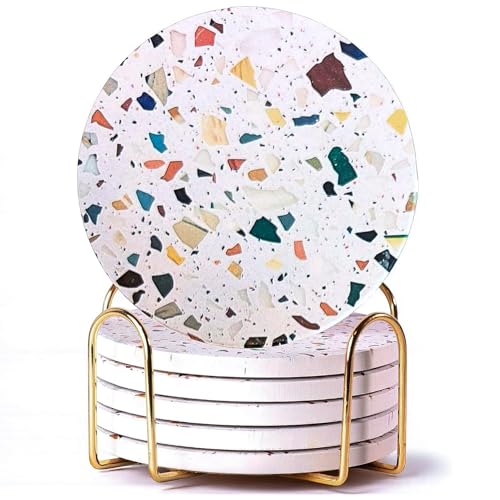ilohaus Absorbent Terrazzo Drink Coasters Set of 6 with Holder, Ceramic Drink Coasters for Coffee Table Decor, Water-Absorbing Stone Coasters (Mosaic) - Image 1