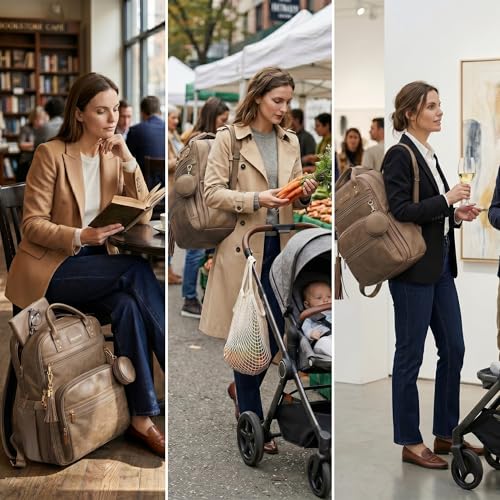 ROSEGIN Premium Vegan Leather Diaper Bag Backpack with Waterproof Changing Pad, Reinforced Zippers & Odor-Free, 20 Pockets Pro Organizer, Fits 15.6" Laptop, Stroller Straps, Baby Bag for Mom, Taupe - Image 3