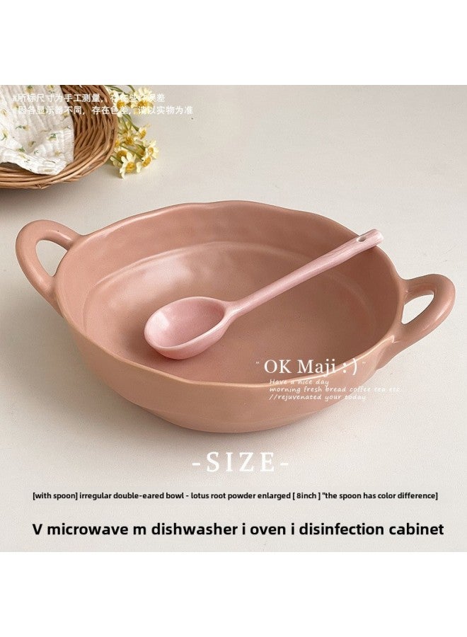 Ceramic Bakeware Ins Irregular Bowl Dormitory Students Easy To Clean Large Bowl Color Value Fruit Salah Bowl Household Tableware-Specification:By Default-Colour:[with Spoon] Irregular Double-eared Bowl-lotus Root Starch 8inch (the Spoon Has Color Difference - Image 1