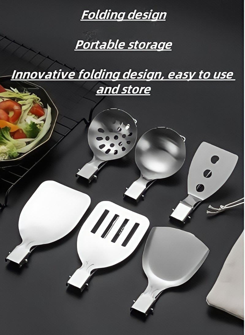 MIXDE 6-piece Stainless Steel Kitchenware Set, 304 Stainless Steel Folding Kitchen Cooking Tool Kitchenware Set, Made Of Durable And Easy To Clean Stainless Steel Material, Suitable For Kitchen And Cooking, With Storage Bag  - Image 4