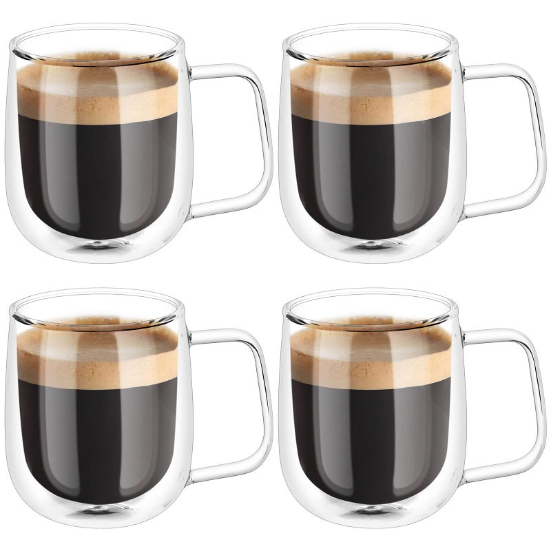 Vicloon 4x250ml Double Walled Coffee Glasses Mug Borosilicate Heat Resistant Glass Cups with Handle Cappuccino Latte Macchiato Glasses Cups Coffee Cup for Coffee Tea Milk Juice Ice Cream
